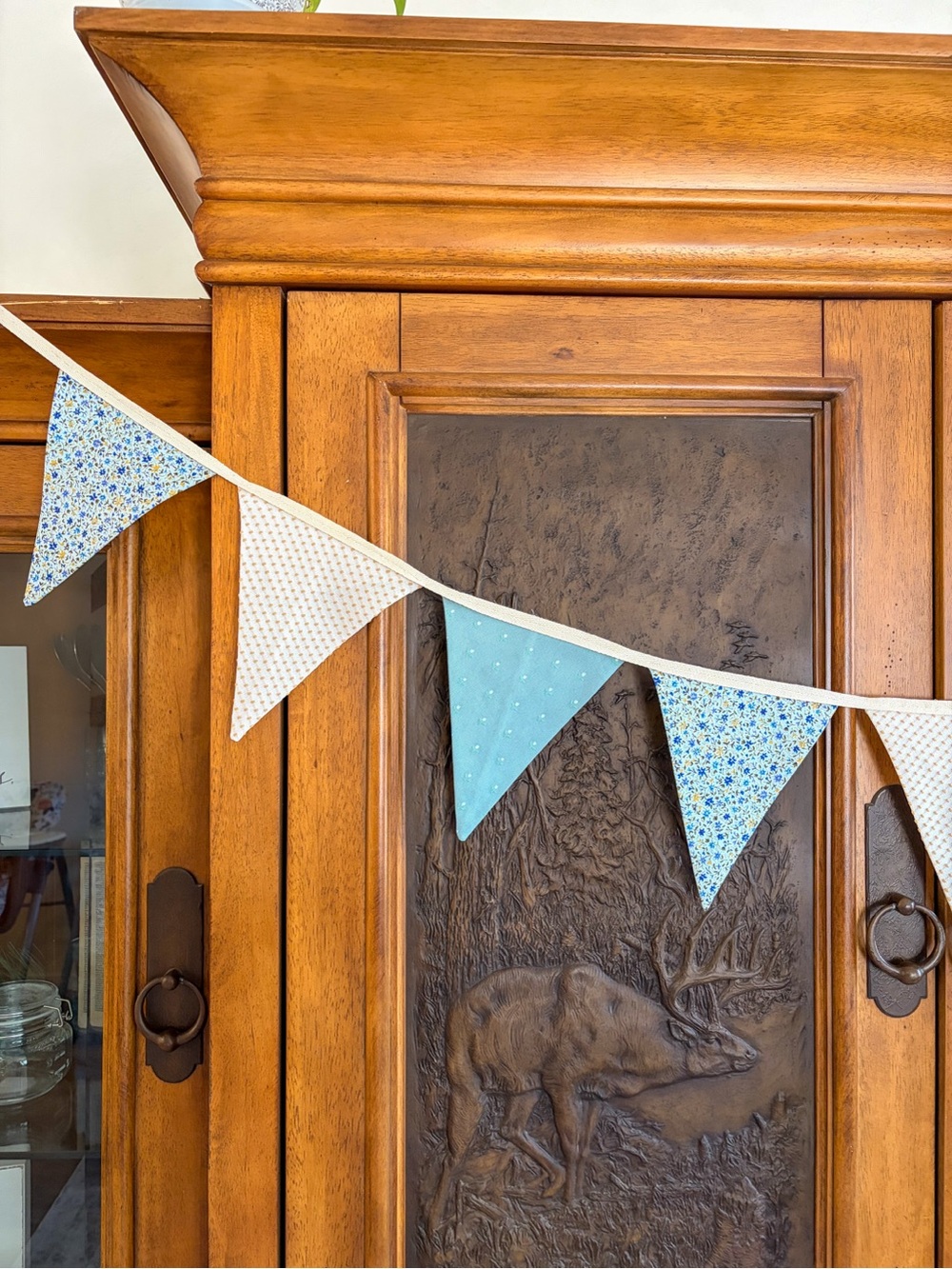 Handmade Blue Floral and Polka Dot Fabric Bunting Banner - Home Party Supplies